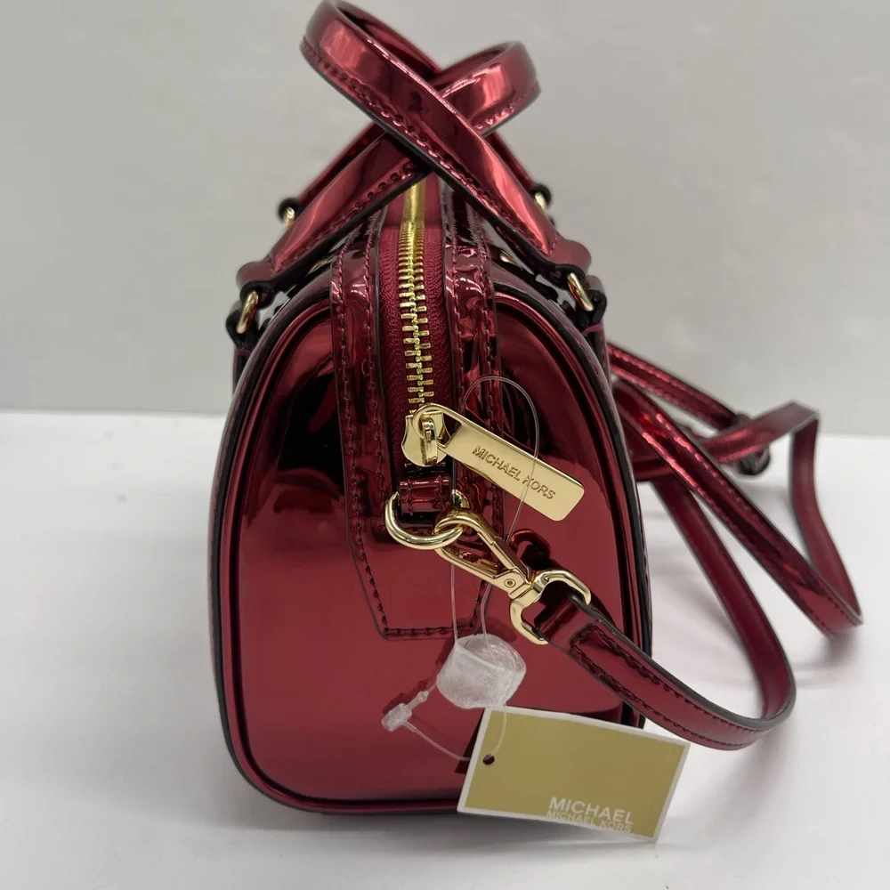 MICHAEL KORS Jet Set Sm Metallic Convertible Crossbody Duffle XBODY Cherry NWT